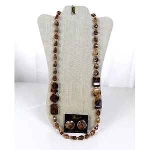 Genuine Lucite Necklace w/Matching Round Pierced Earrings Light Dark Earth Tones